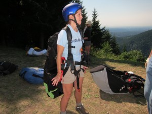 Steph's all suited up and ready to jump off a mountain!